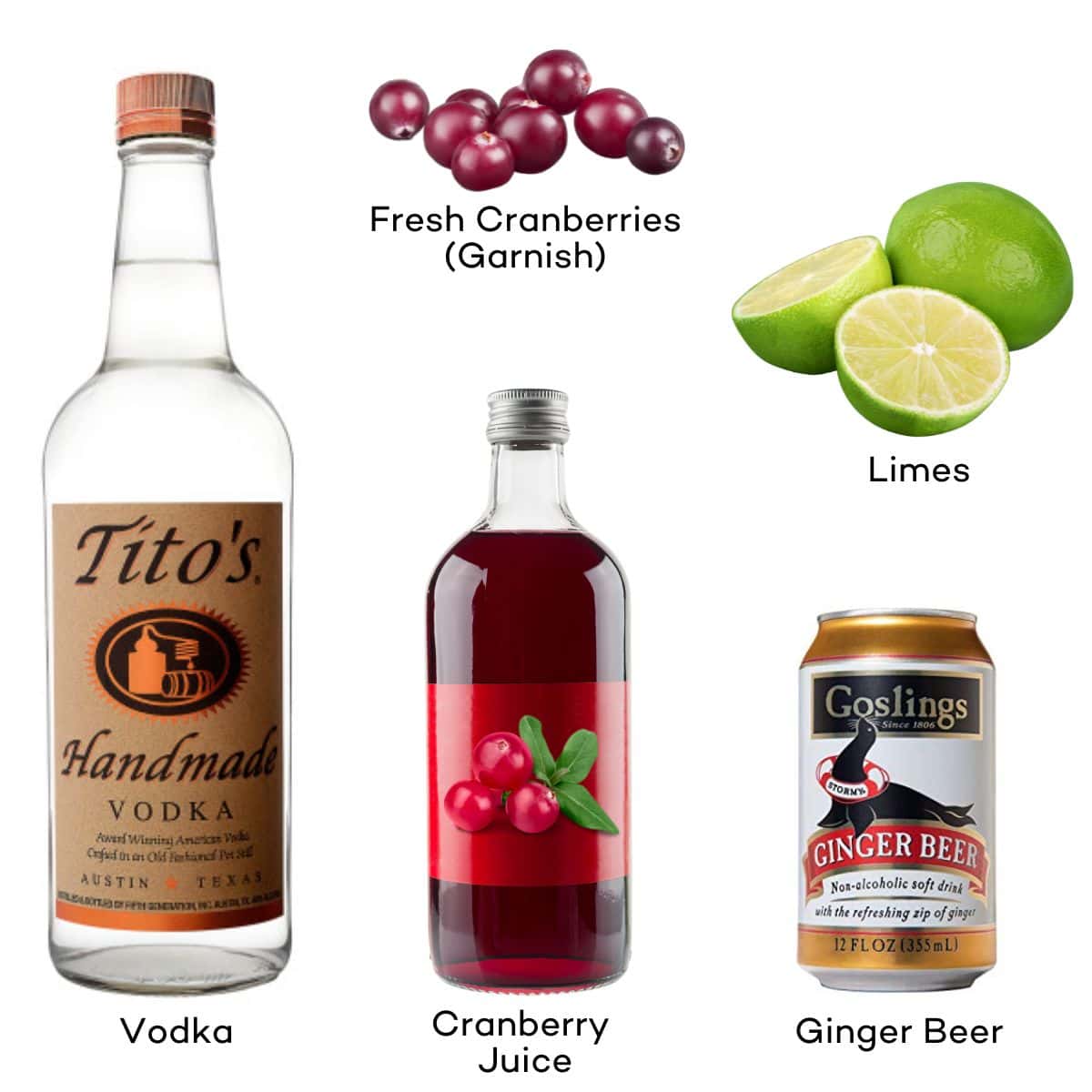Ingredients for Cranberry Christmas Moscow Mules.