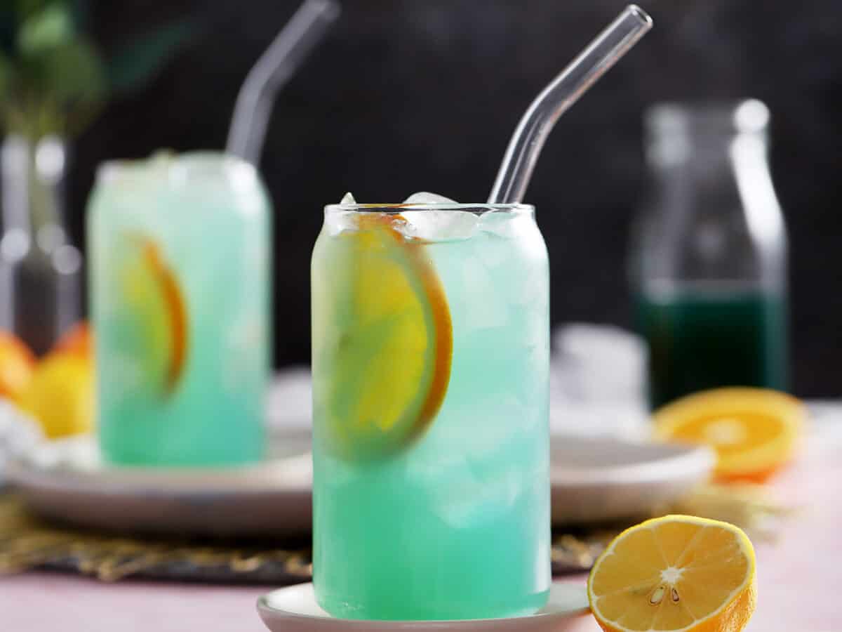 Glasses of blue lagoon mocktails.