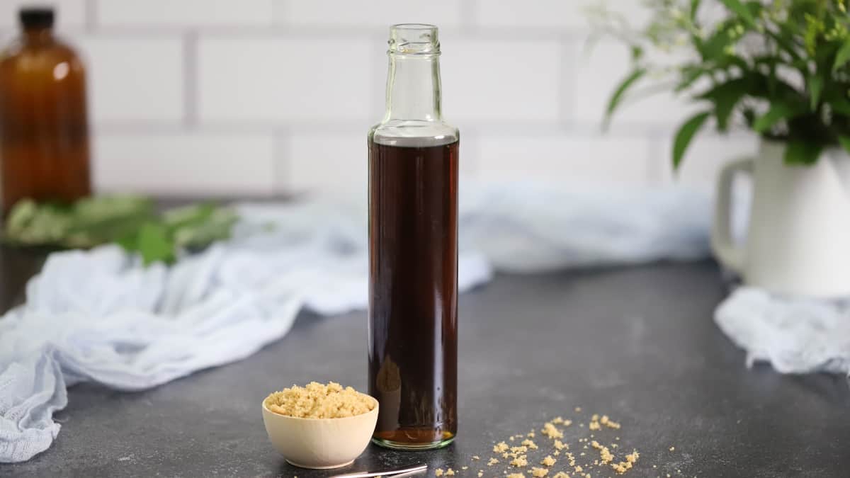 A tall bottle of brown sugar syrup.
