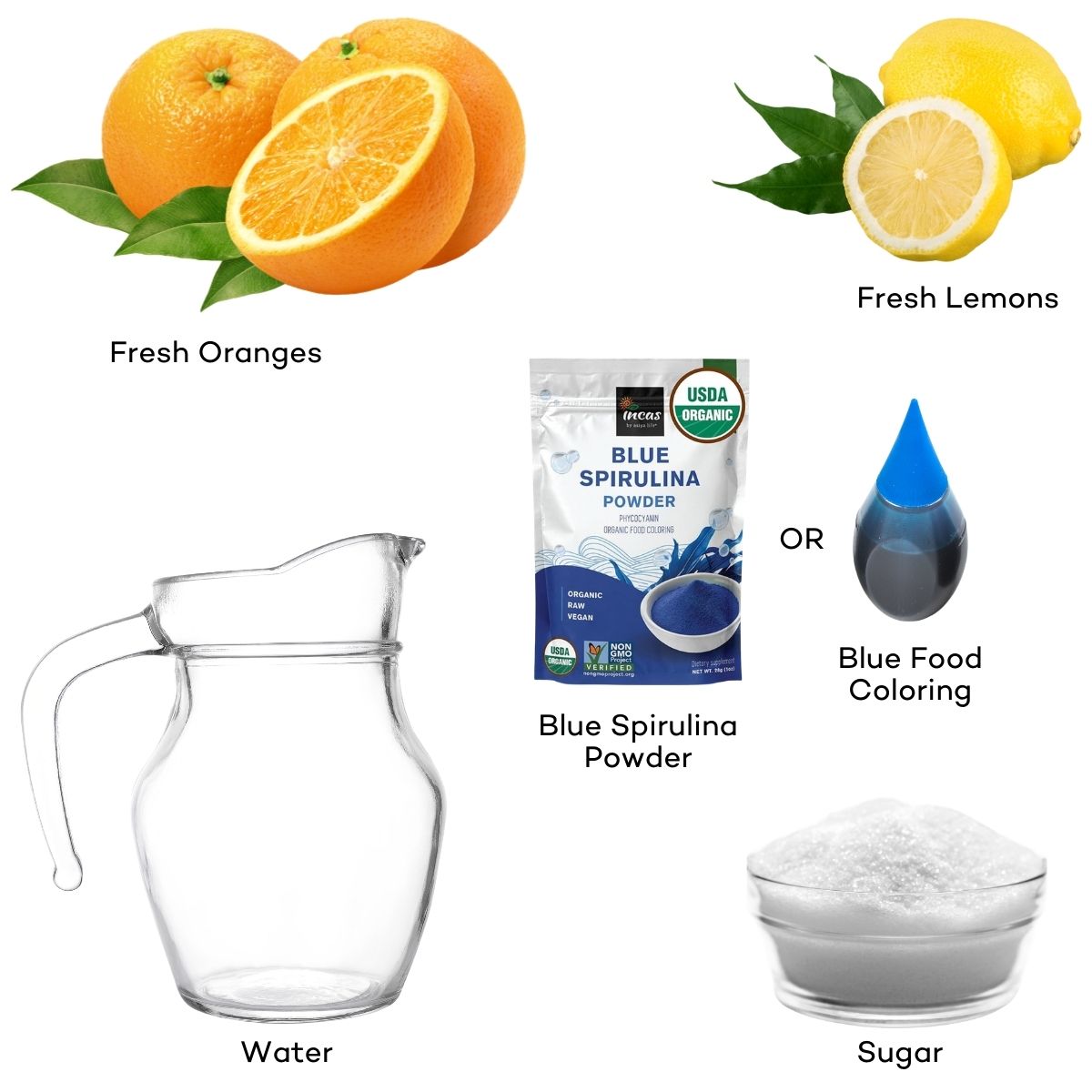 Ingredients for making homemade blue curacao syrup.