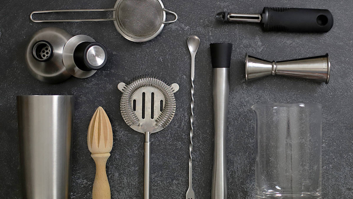 A selection of bar tools recommended for home bartenders. 