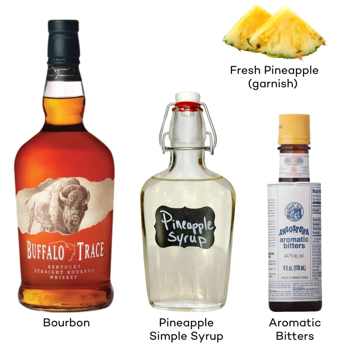 Ingredients for a pineapple old fashioned. 