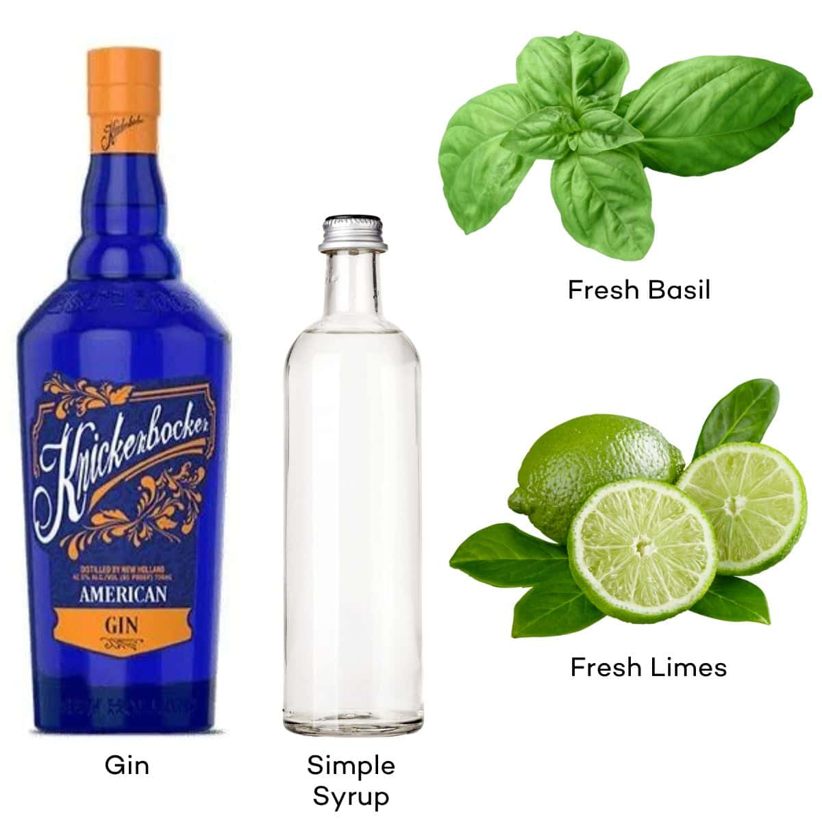 Ingredients for basil gimlet cocktails. 