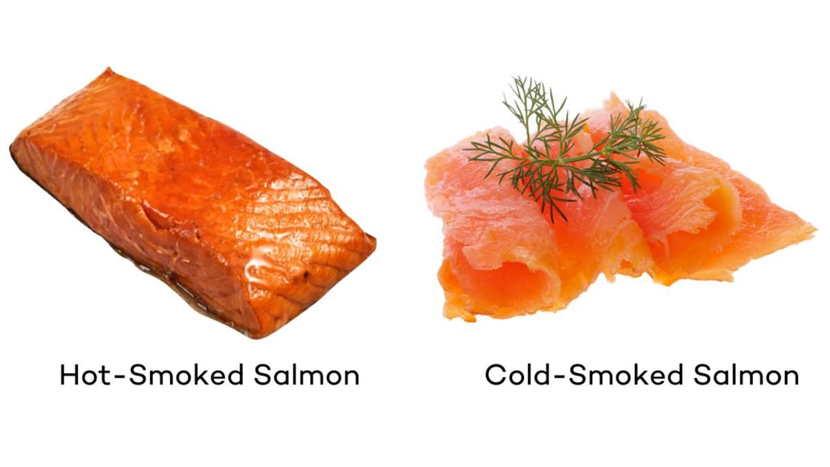 A graphic showing the visual difference between hot-smoked salmon and cold-smoked salmon. 