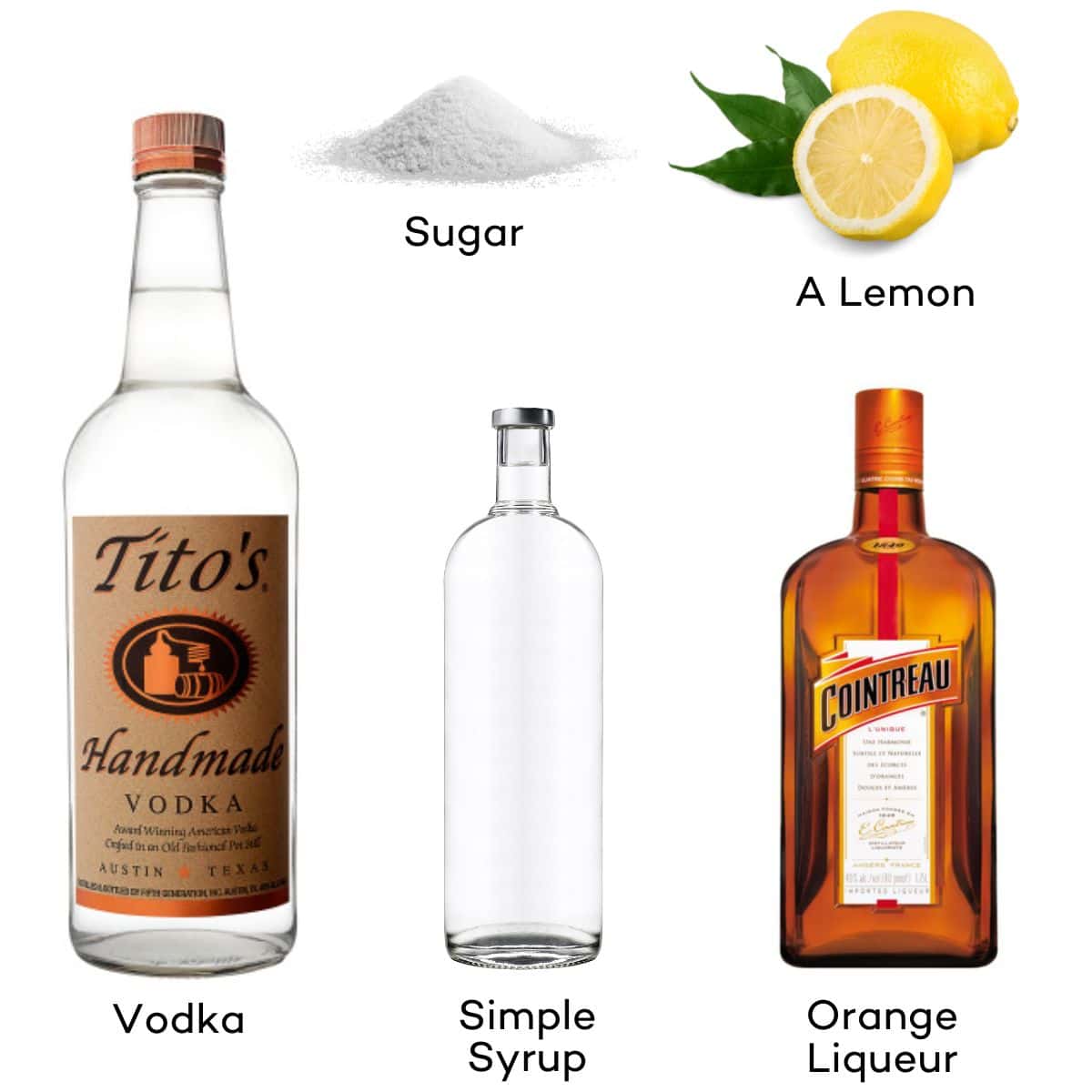 Ingredients for a lemon drop martini cocktail. 