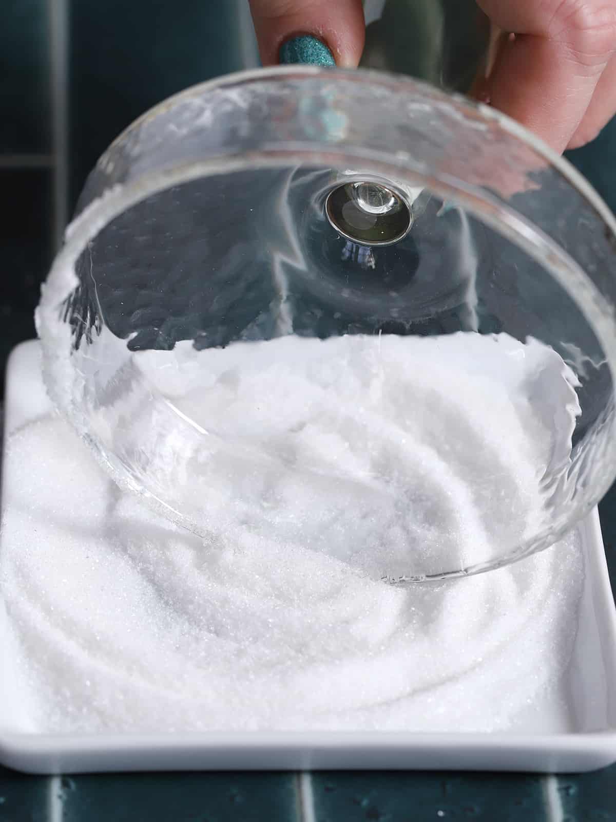 The rim of a coupe glass being dipped into a plate of white sugar. 