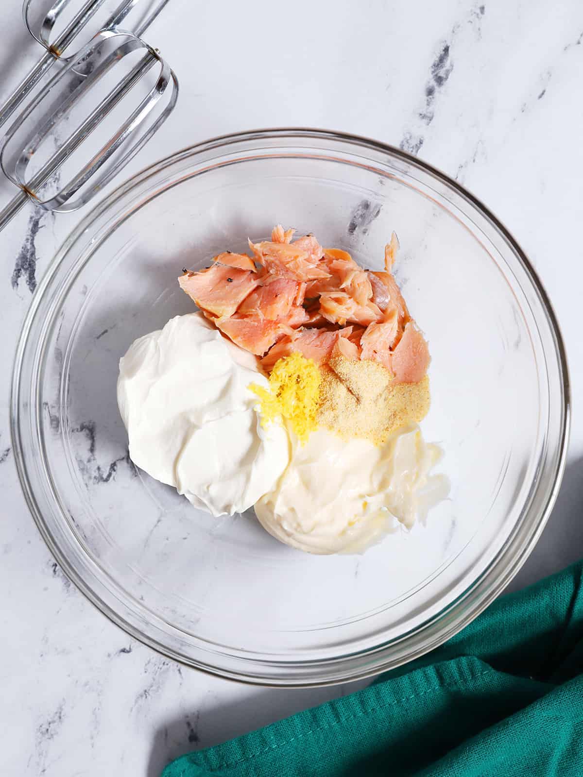 Salmon dip ingredients in a bowl. 