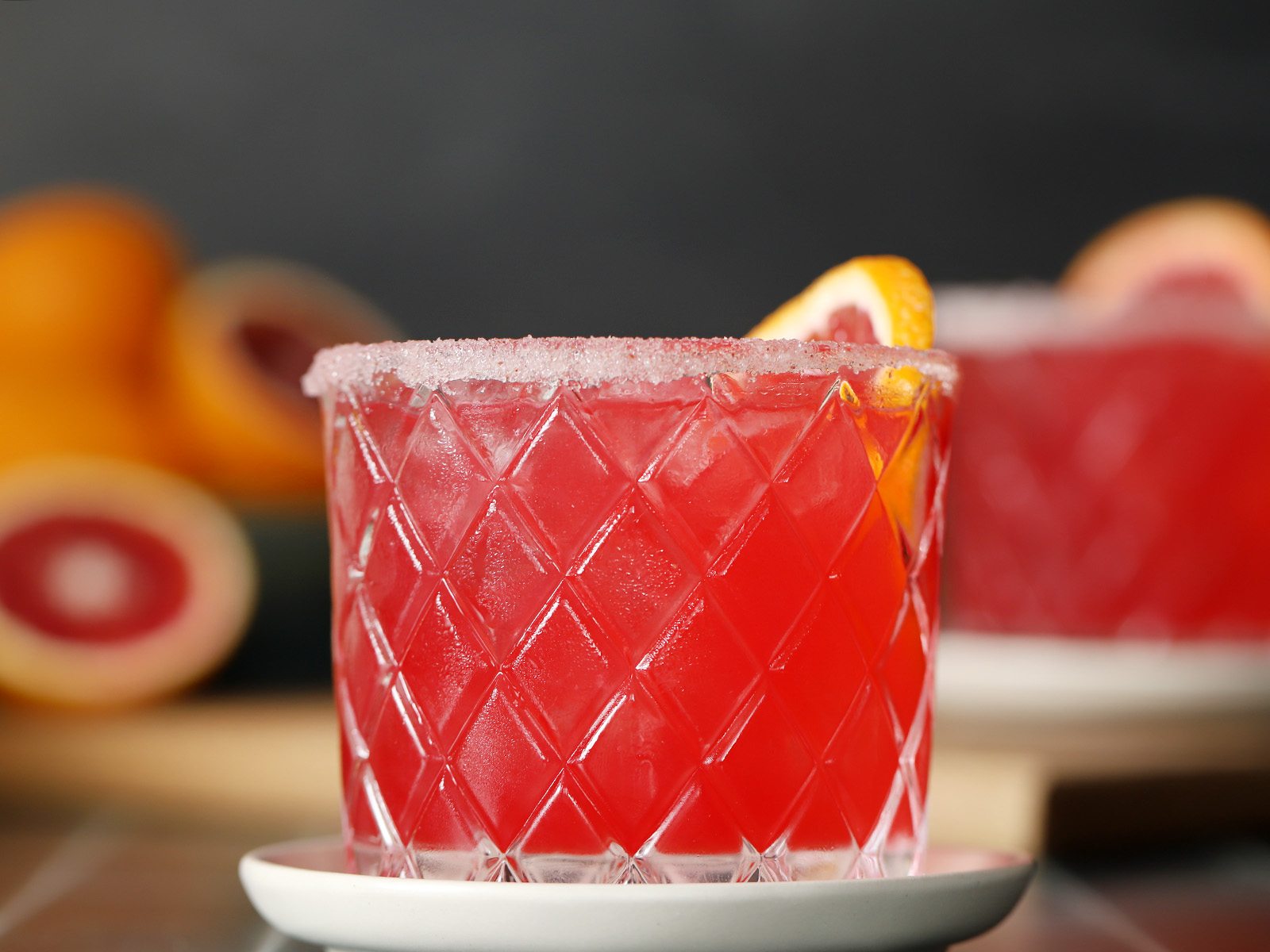 A glass of blood orange margarita.