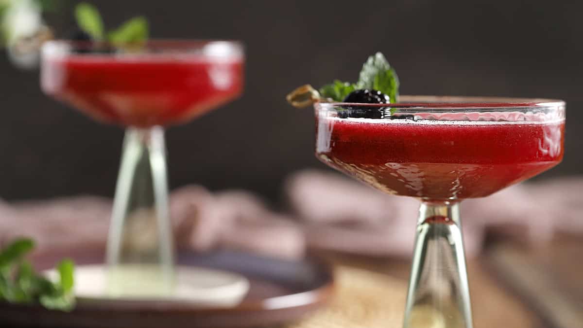 A martini glass filled with blackberry vanilla mocktail and garnished with fresh blackberries and mint.