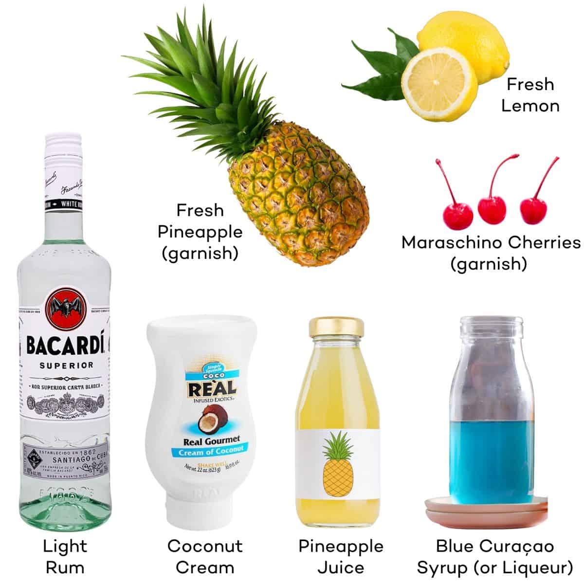 Ingredients for a Blue Hawaiian cocktail. 