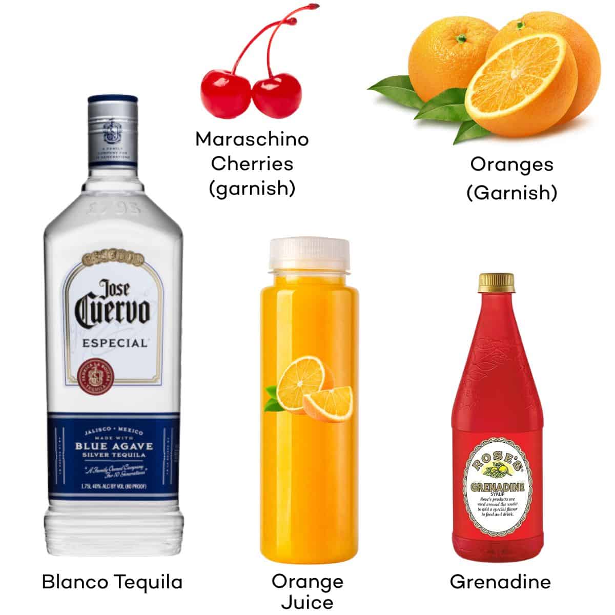 Ingredients for a tequila sunrise cocktail.