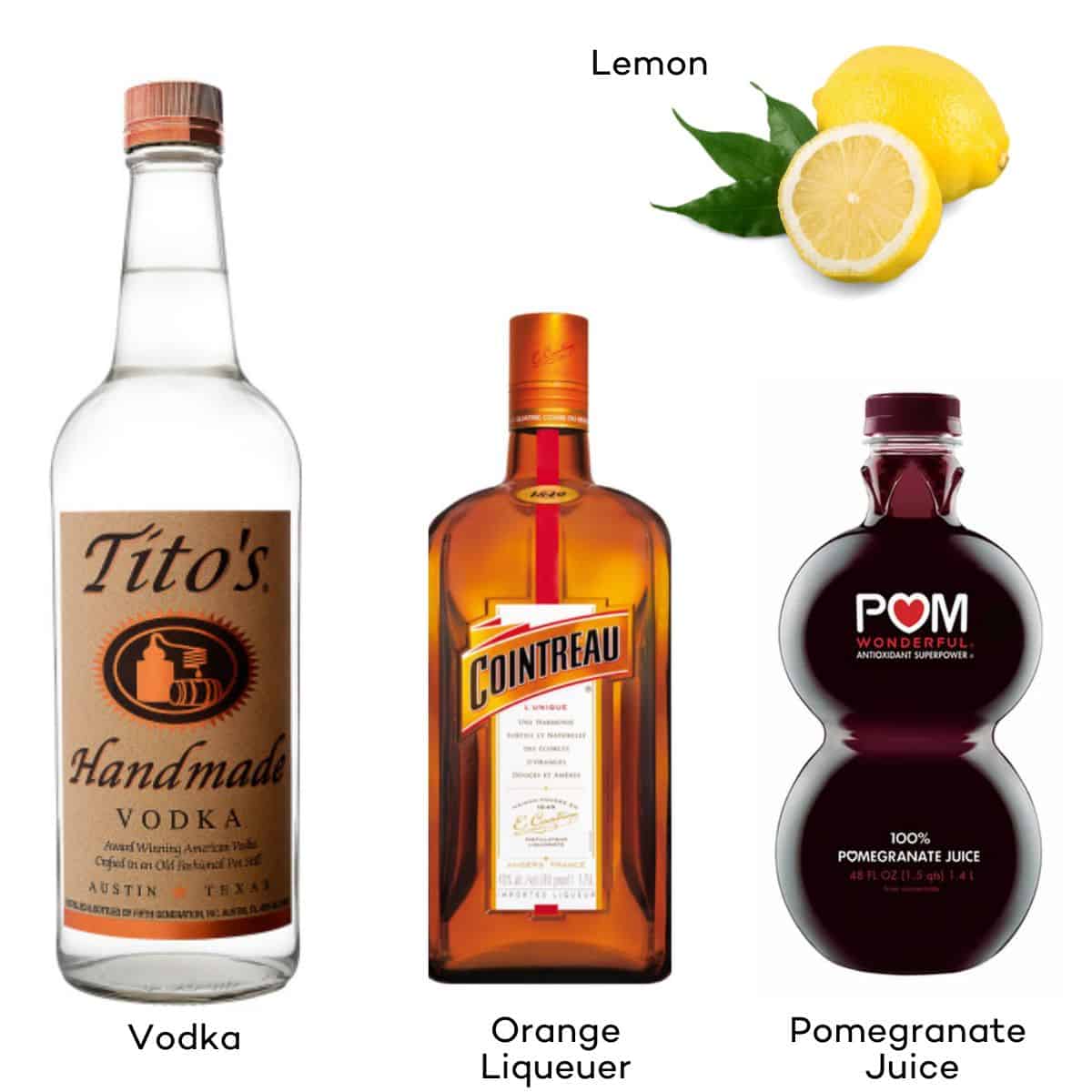 Ingredients for a pomegranate martini.