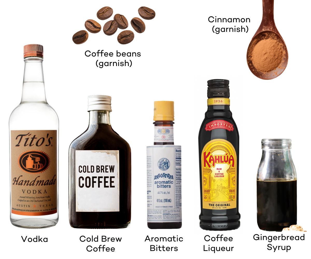 Ingredients for a Gingerbread Espresso Martini.