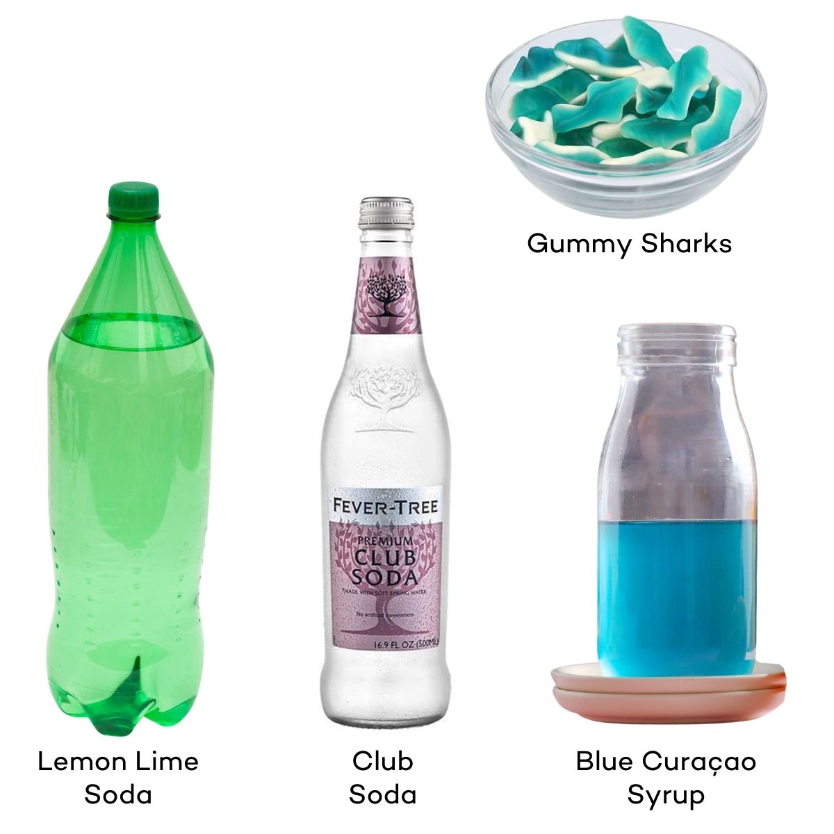 Ingredients for a Blue Shark Mocktail.