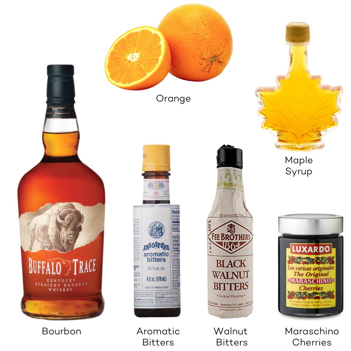 Ingredients for a Maple Old Fashioned.