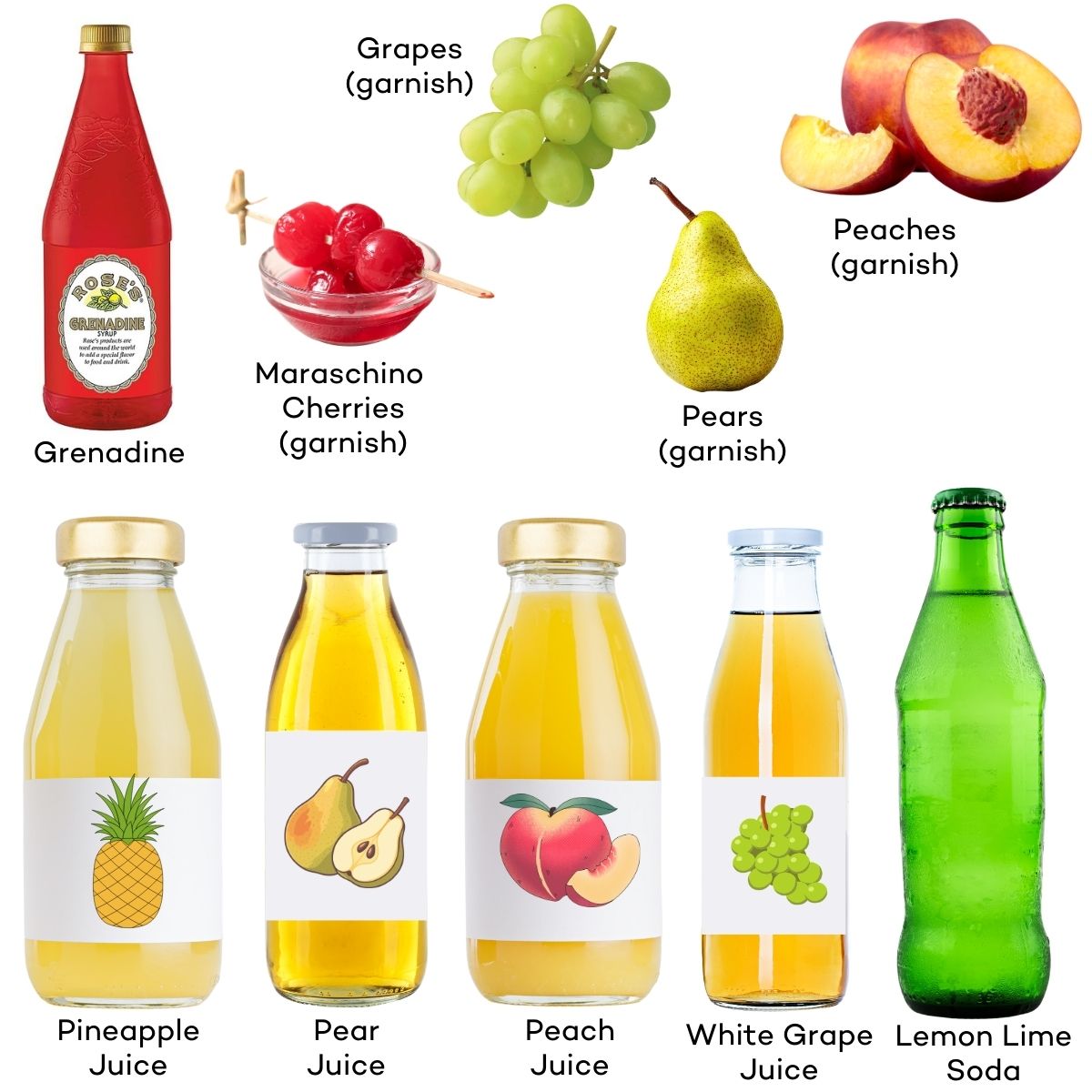 The ingredients for fruit punch mocktails.