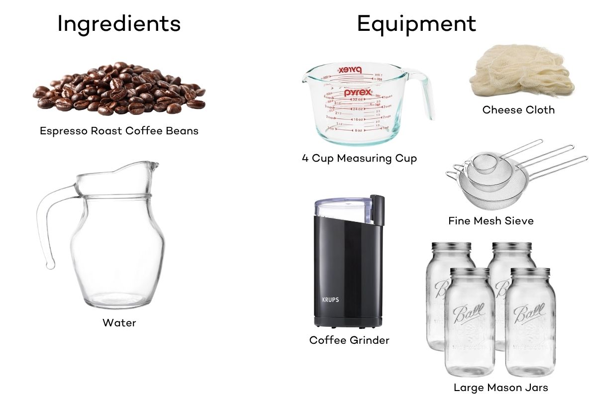 The ingredients and equipment needed to make cold brew coffee.