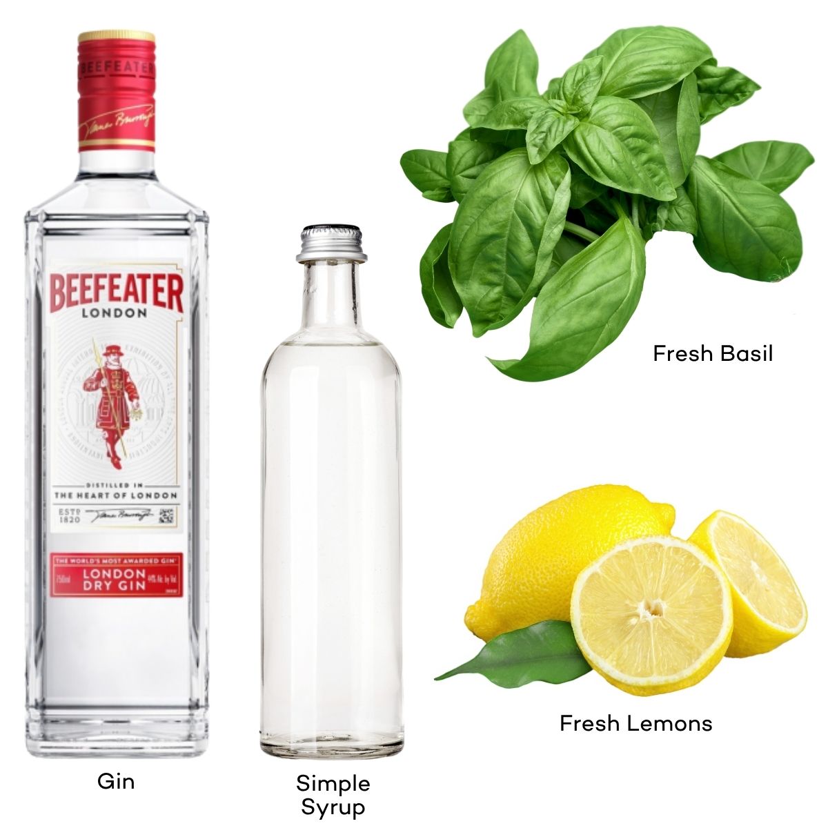 Ingredients for a basil gin smash cocktail.