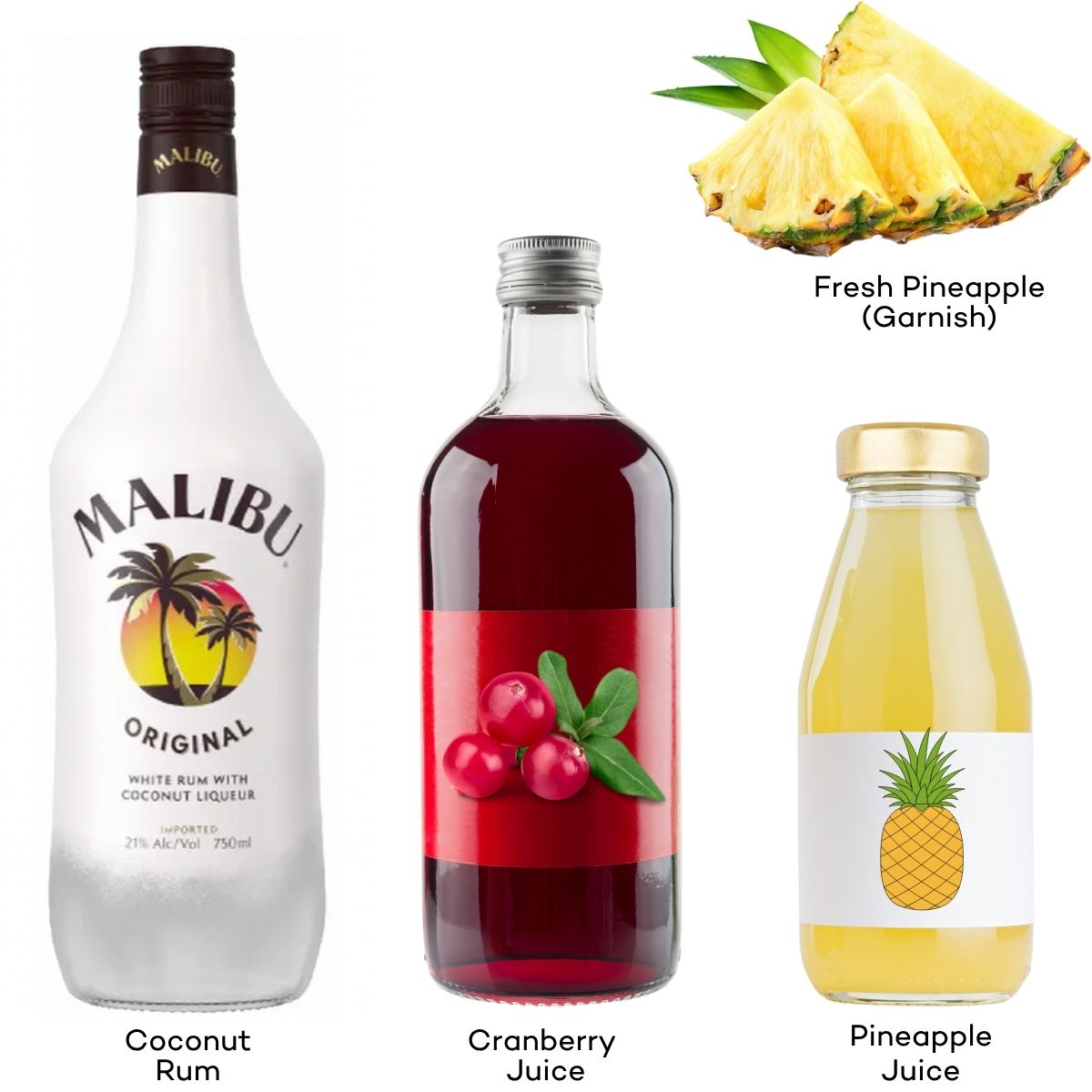 Ingredients in a Malibu Bay Breeze Cocktail.