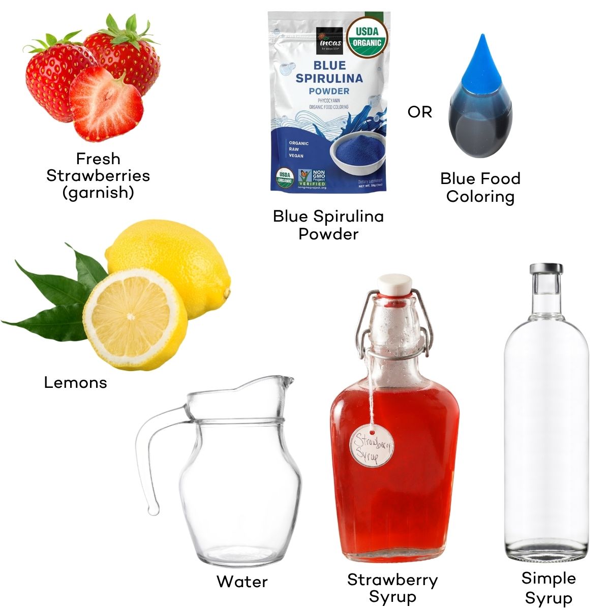 Ingredients for red, white, and blue mocktail.